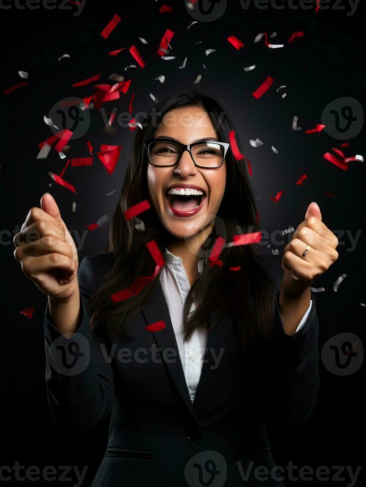 Happy woman celebrating on a solid background AI Generative photo