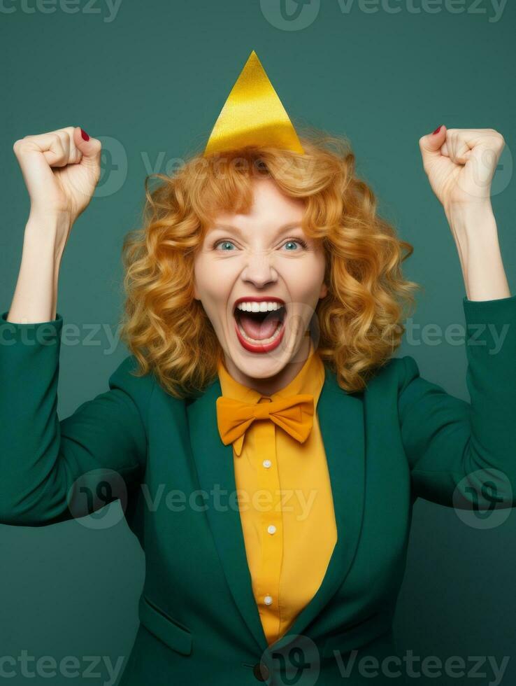 Happy woman celebrating on a solid background AI Generative photo