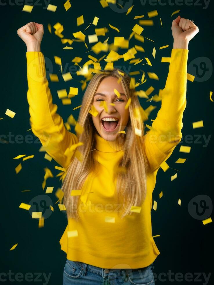 Happy woman celebrating on a solid background AI Generative photo