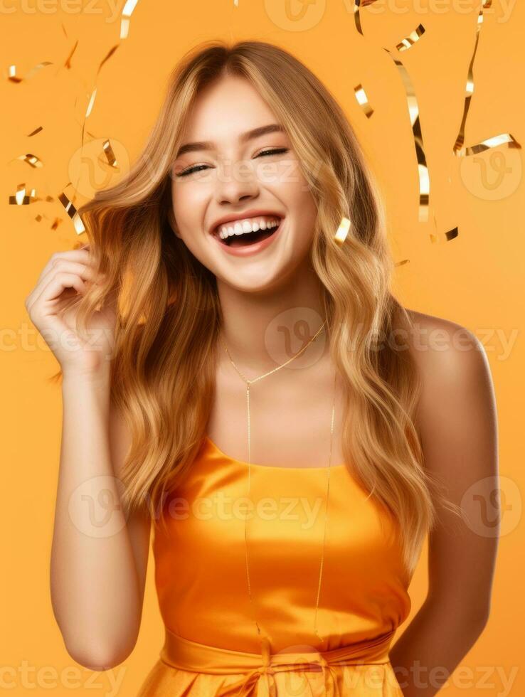 Happy woman celebrating on a solid background AI Generative photo