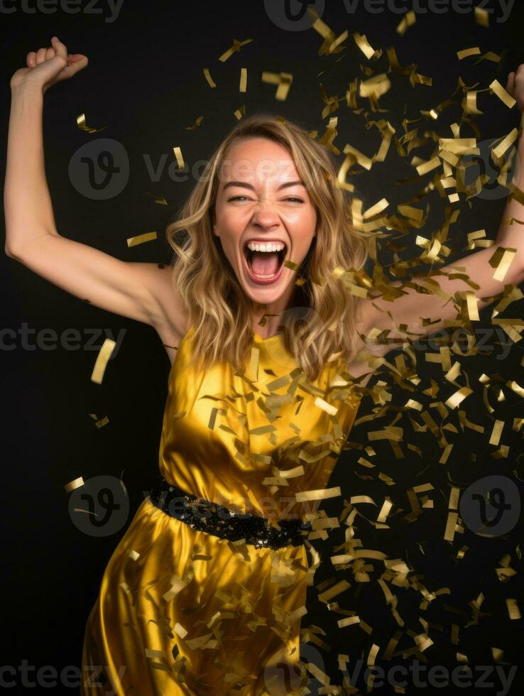 Happy woman celebrating on a solid background AI Generative photo