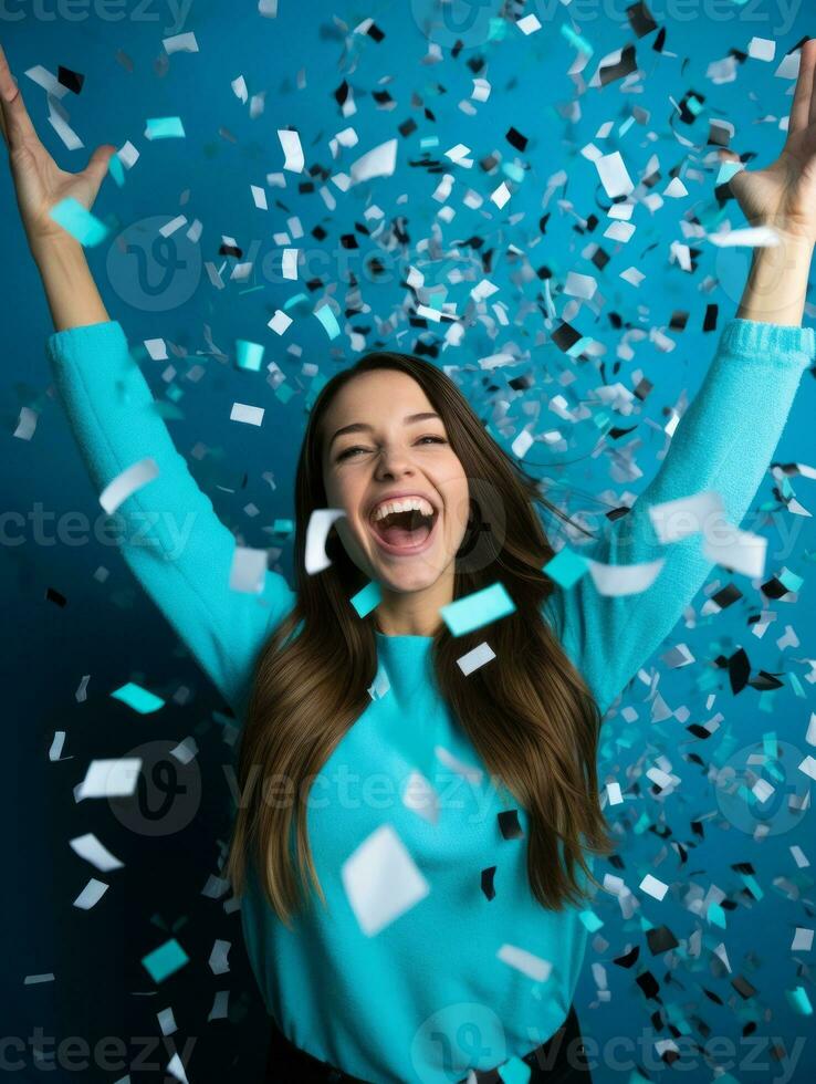 Happy woman celebrating on a solid background AI Generative photo