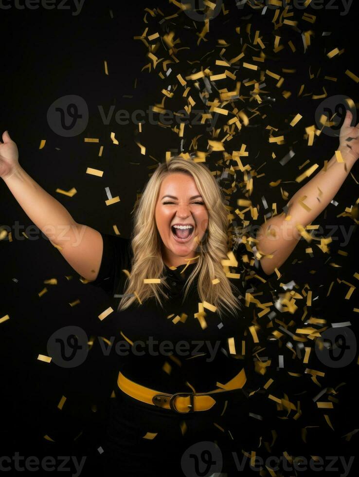 Happy woman celebrating on a solid background AI Generative photo