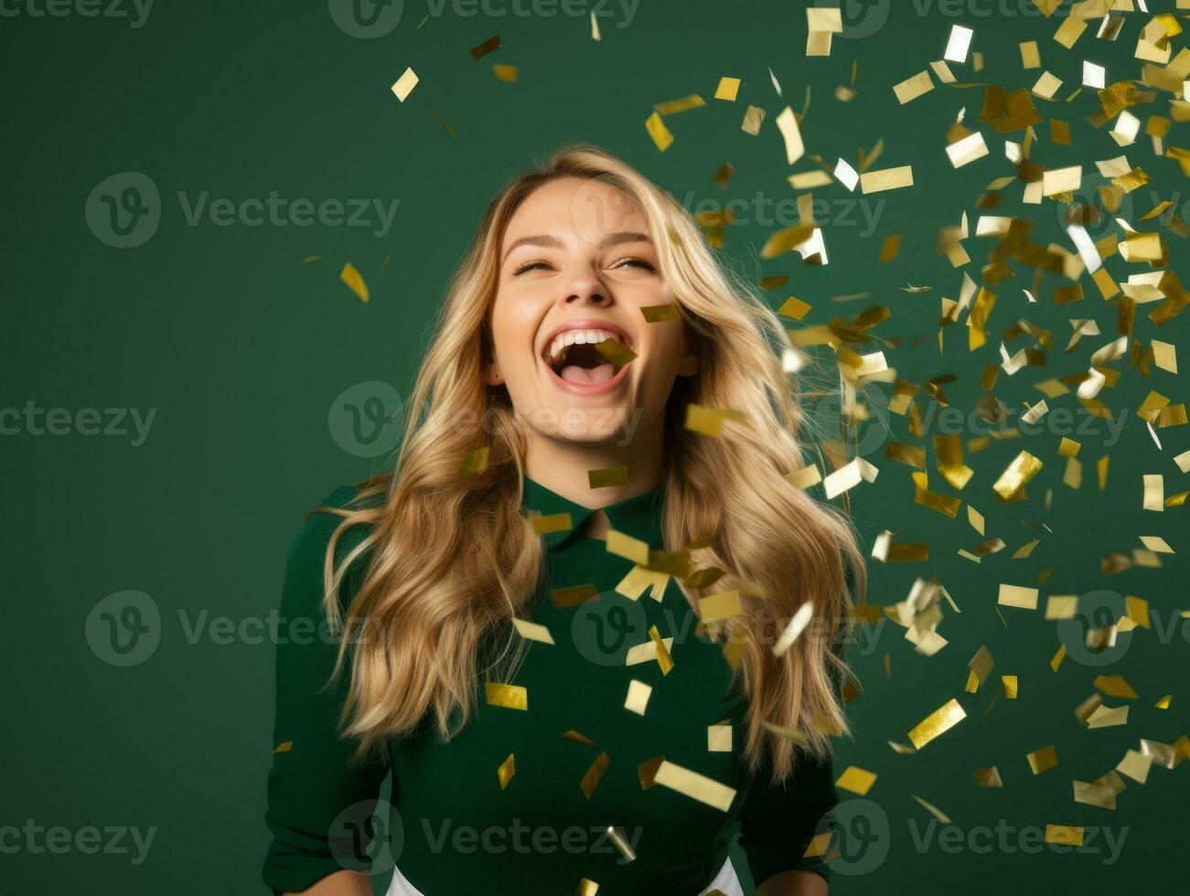 Happy woman celebrating on a solid background AI Generative photo