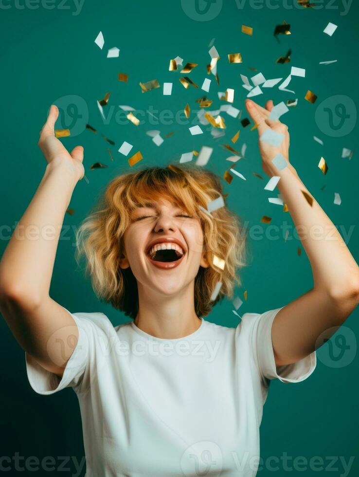 Happy woman celebrating on a solid background AI Generative photo