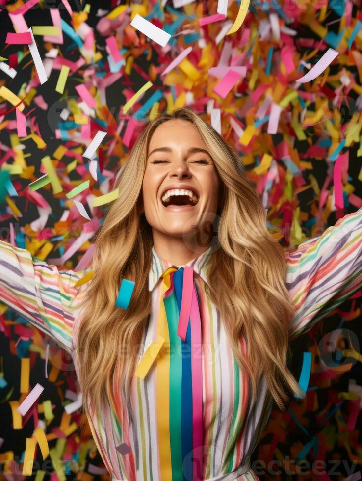Happy woman celebrating on a solid background AI Generative photo