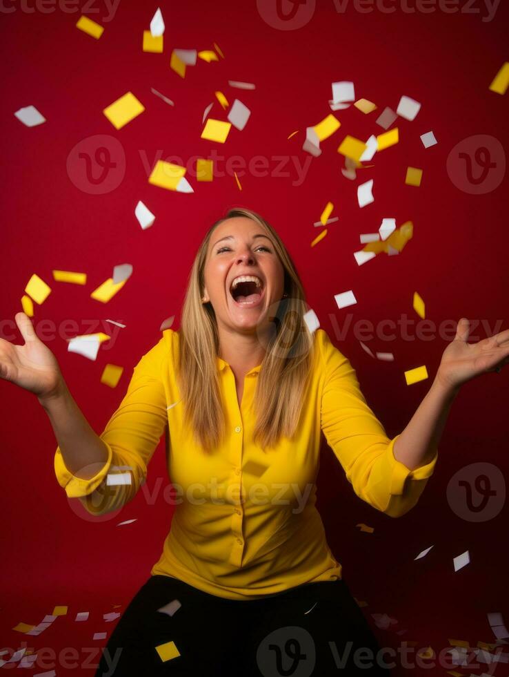 Happy woman celebrating on a solid background AI Generative photo