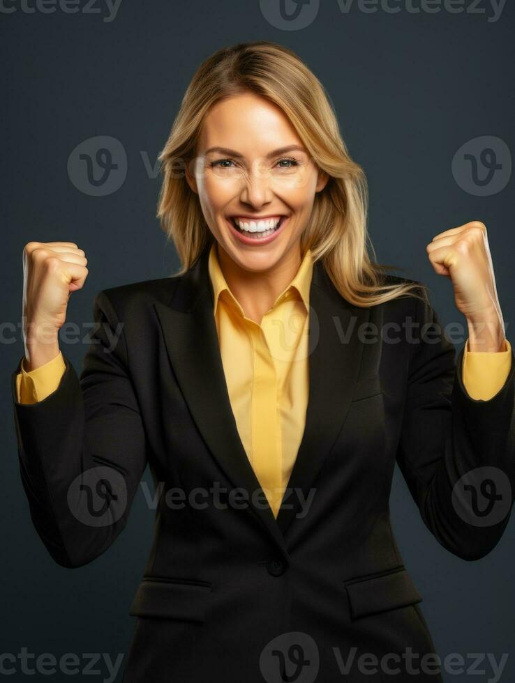 contento mujer celebrando en un sólido antecedentes ai generativo foto