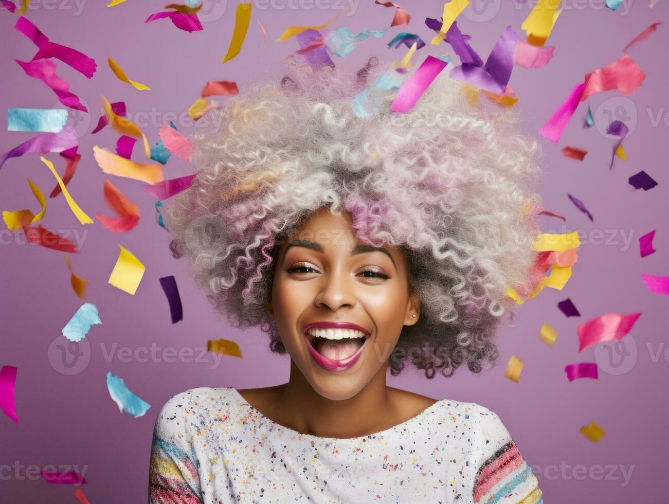 Happy woman celebrating on a solid background AI Generative photo
