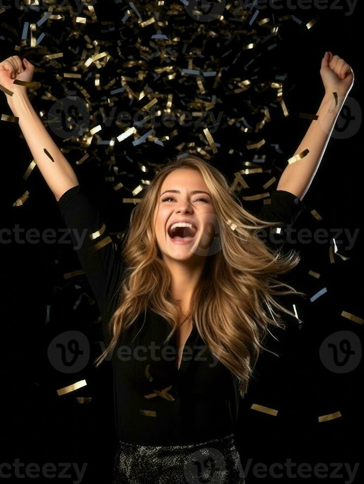 Happy woman celebrating on a solid background AI Generative photo