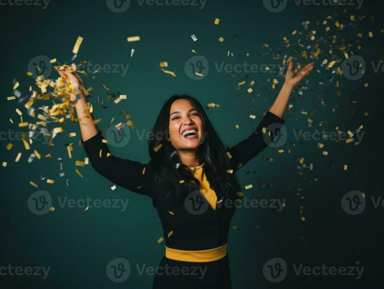 Happy woman celebrating on a solid background AI Generative photo