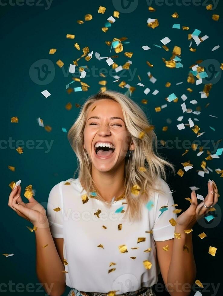Happy woman celebrating on a solid background AI Generative photo