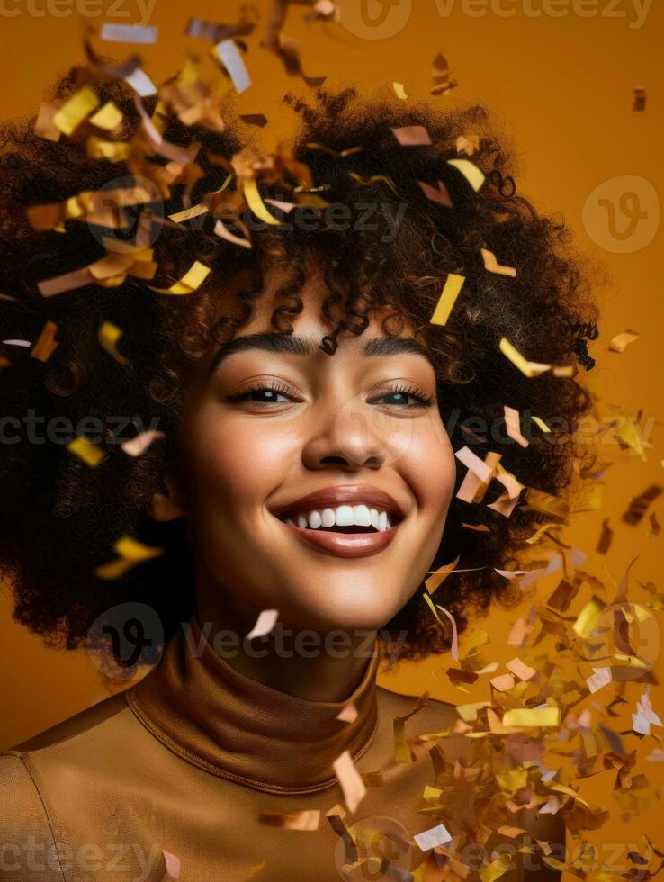 contento mujer celebrando en un sólido antecedentes ai generativo foto
