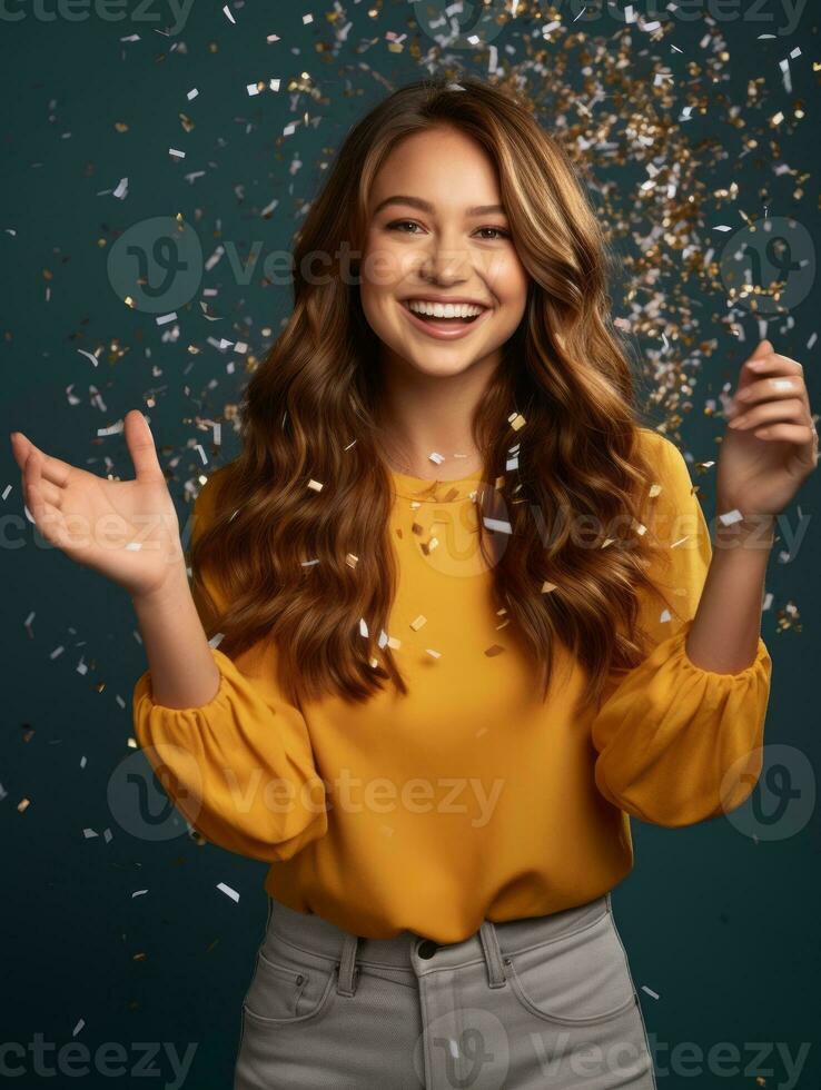 Happy woman celebrating on a solid background AI Generative photo