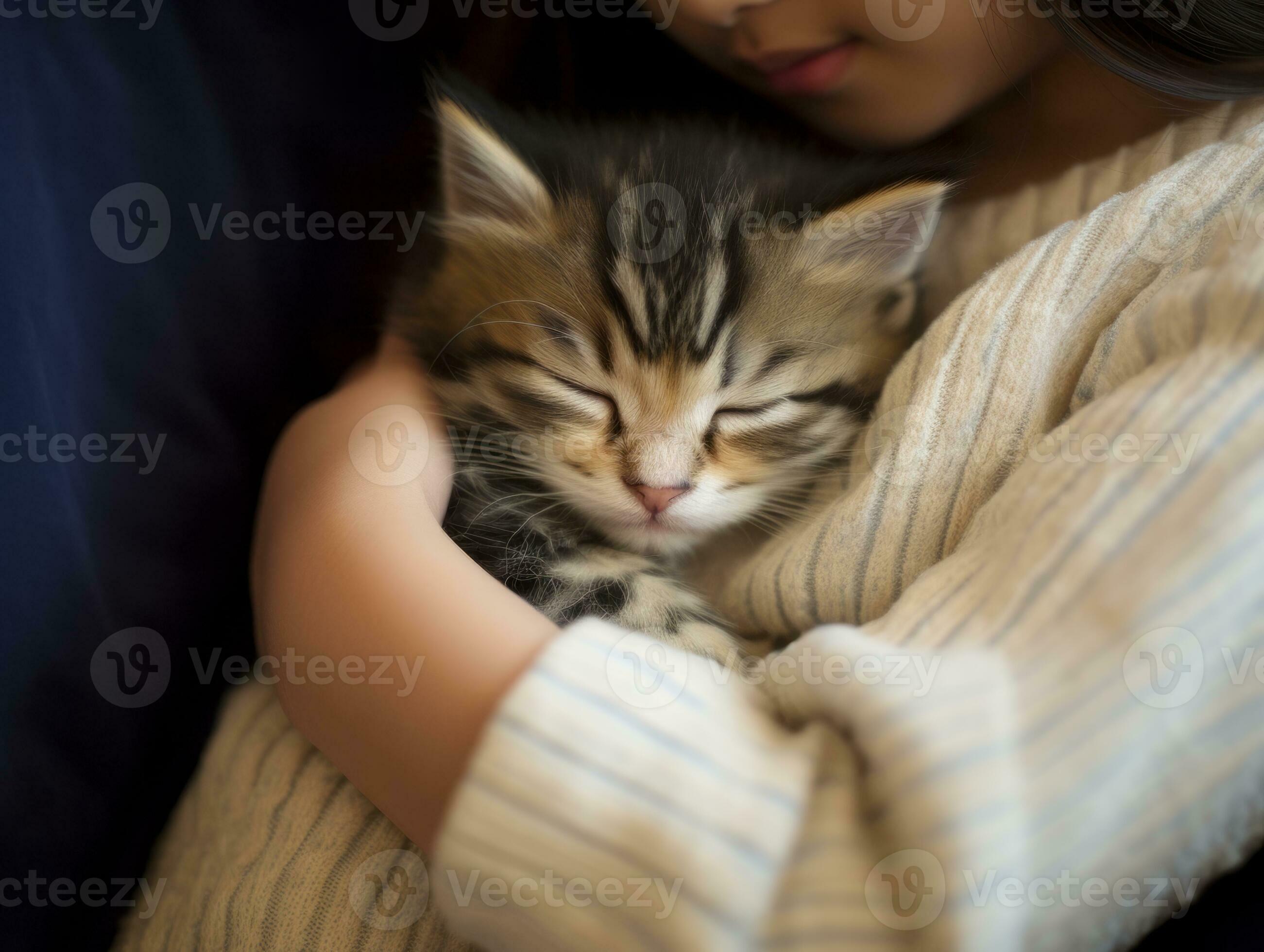 Cat being cradled by a loving owner AI Generative 32691552 Stock Photo