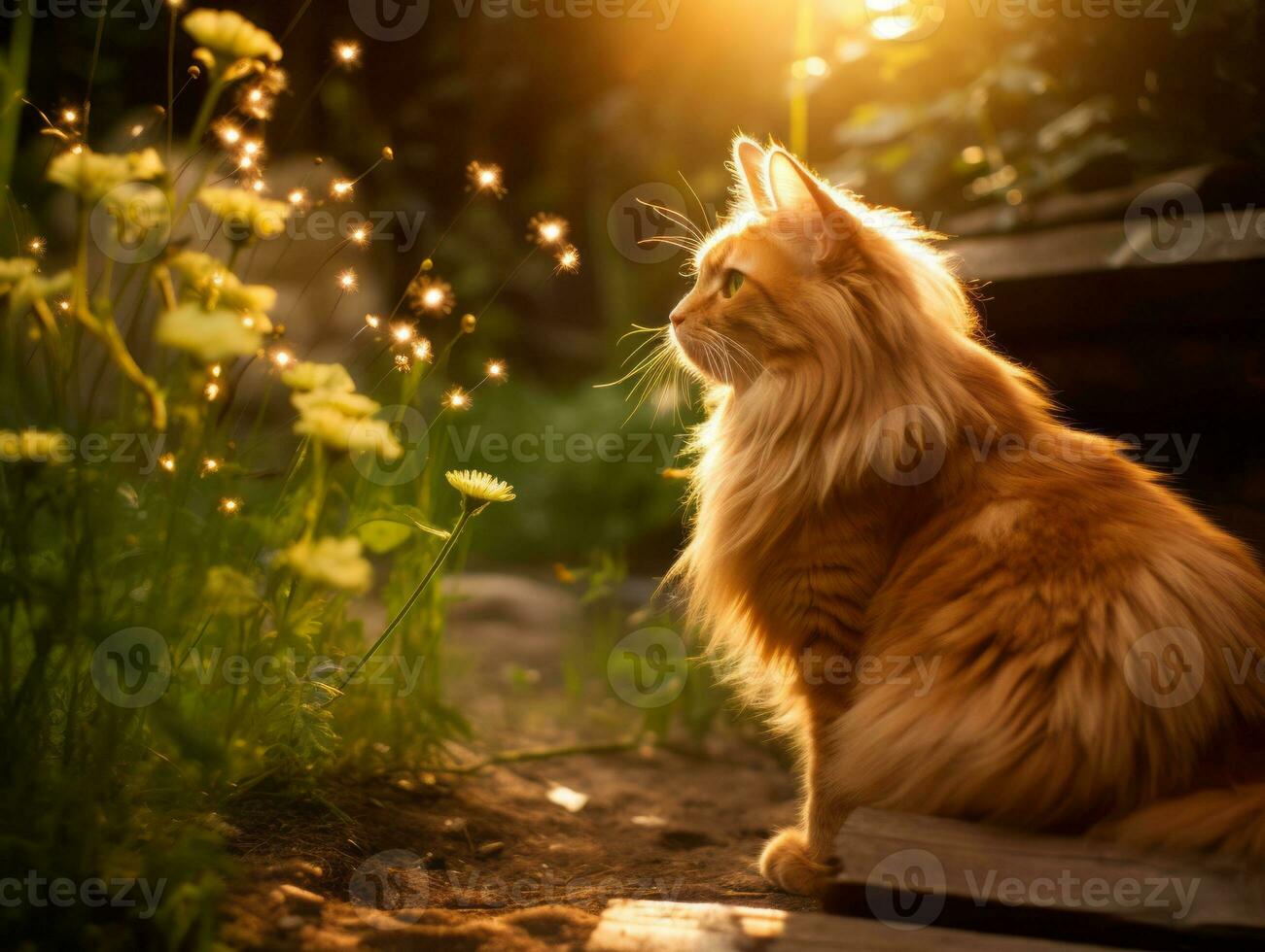 Cat with a serene and meditative look framed by a tranquil garden backdrop AI Generative photo