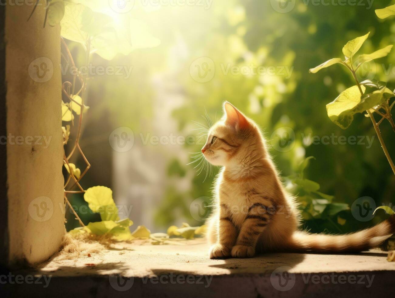 Cat with a serene and meditative look framed by a tranquil garden backdrop AI Generative photo