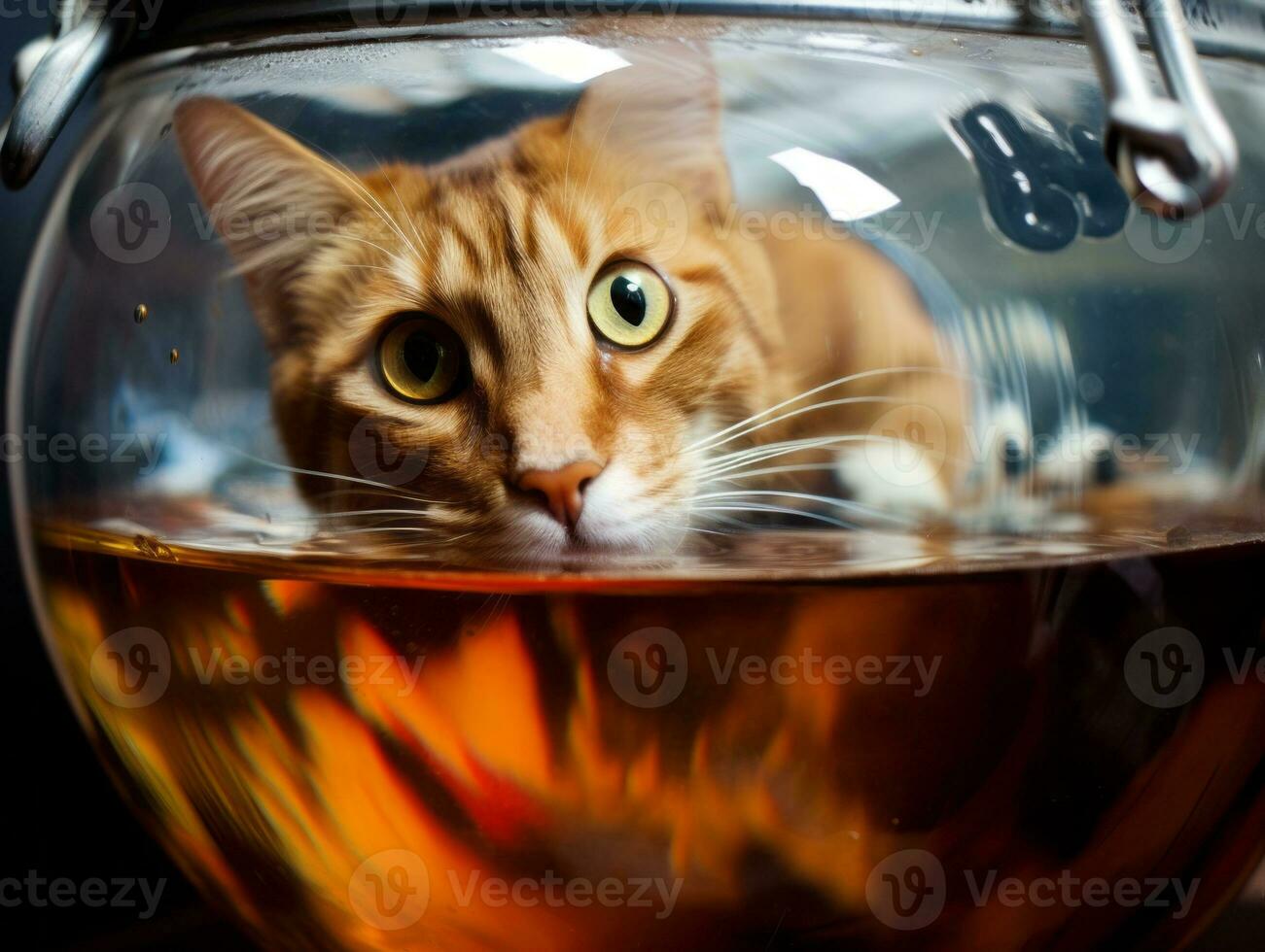 Inquisitive cat peering into an open fish tank with fascination AI Generative photo