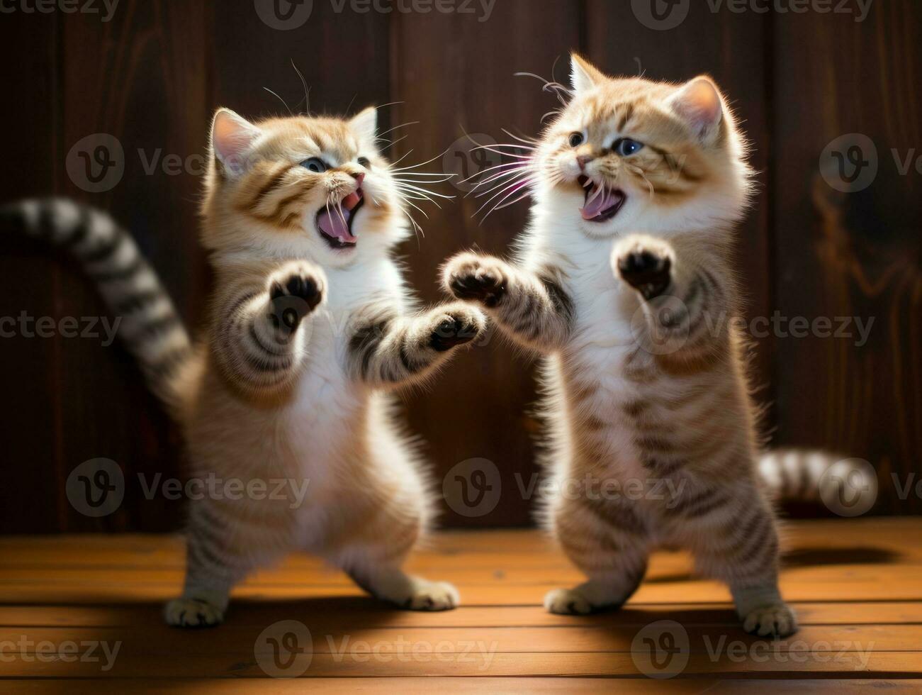 Pair of playful kittens engaged in a friendly wrestling match AI Generative photo