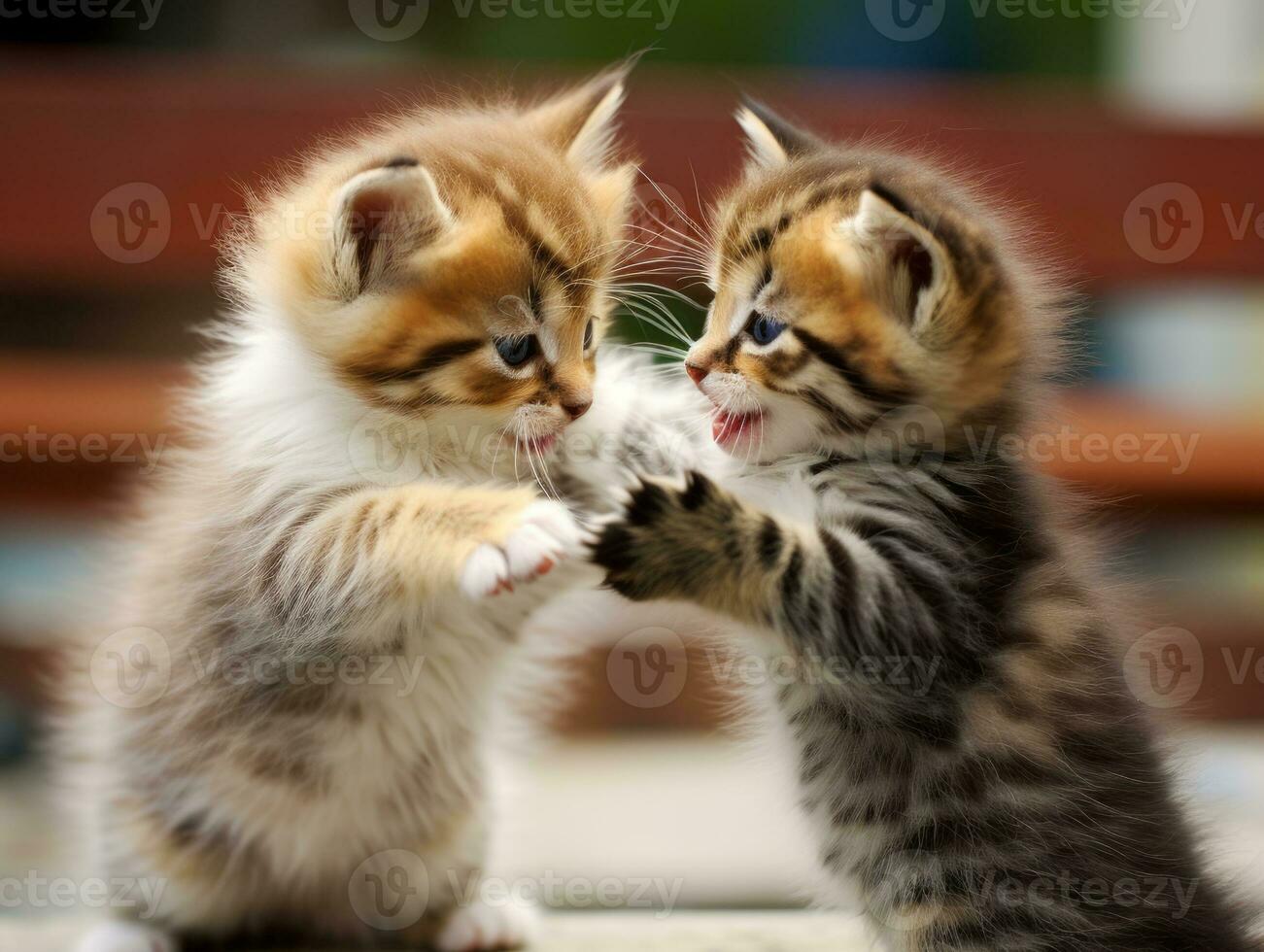 Pair of playful kittens engaged in a friendly wrestling match AI Generative photo