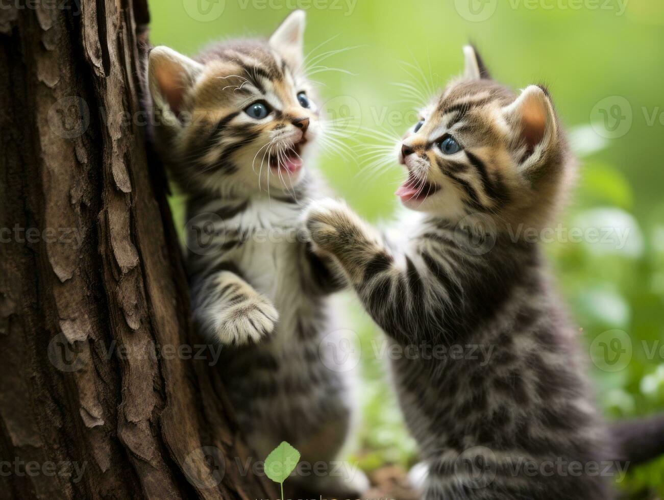 Pair of playful kittens engaged in a friendly wrestling match AI Generative photo