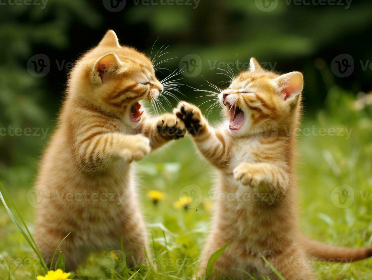 Pair of playful kittens engaged in a friendly wrestling match AI Generative photo