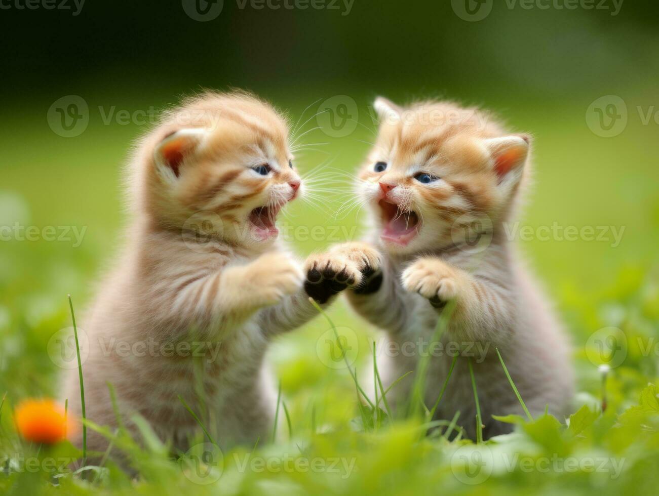 Pair of playful kittens engaged in a friendly wrestling match AI Generative photo