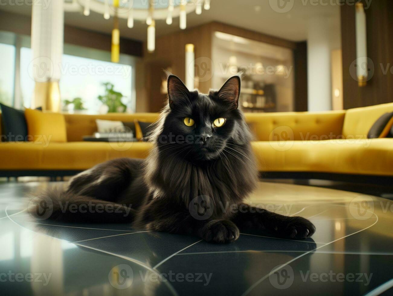 Sleek and elegant cat lounging on a polished marble floor AI Generative photo