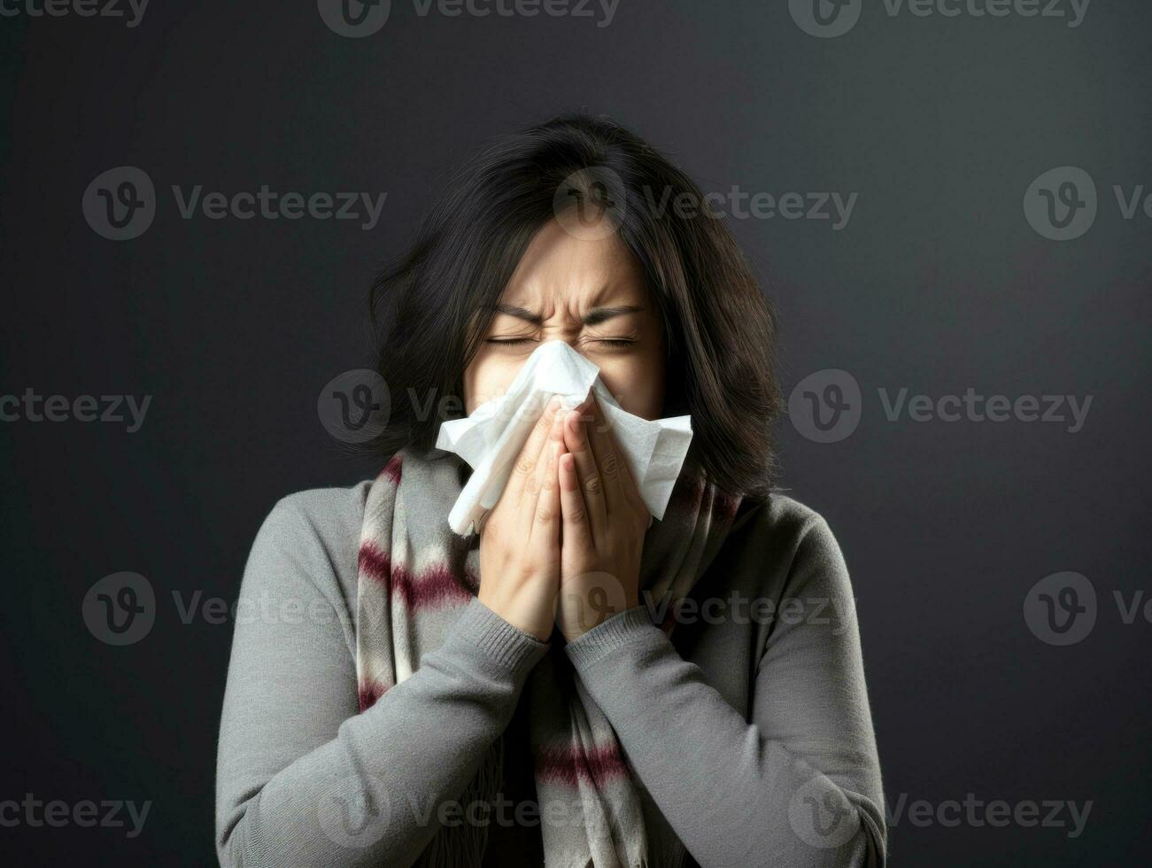 Woman is shown suffering from cold with runny nose on grey background AI Generative photo