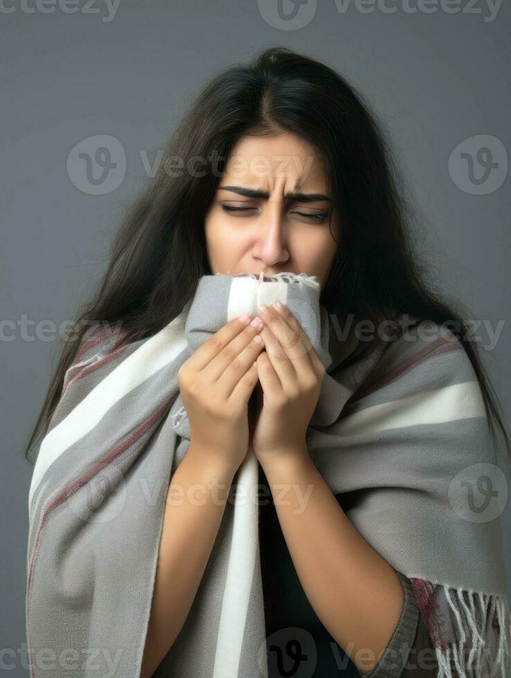 Woman is shown suffering from cold with runny nose on grey background AI Generative photo