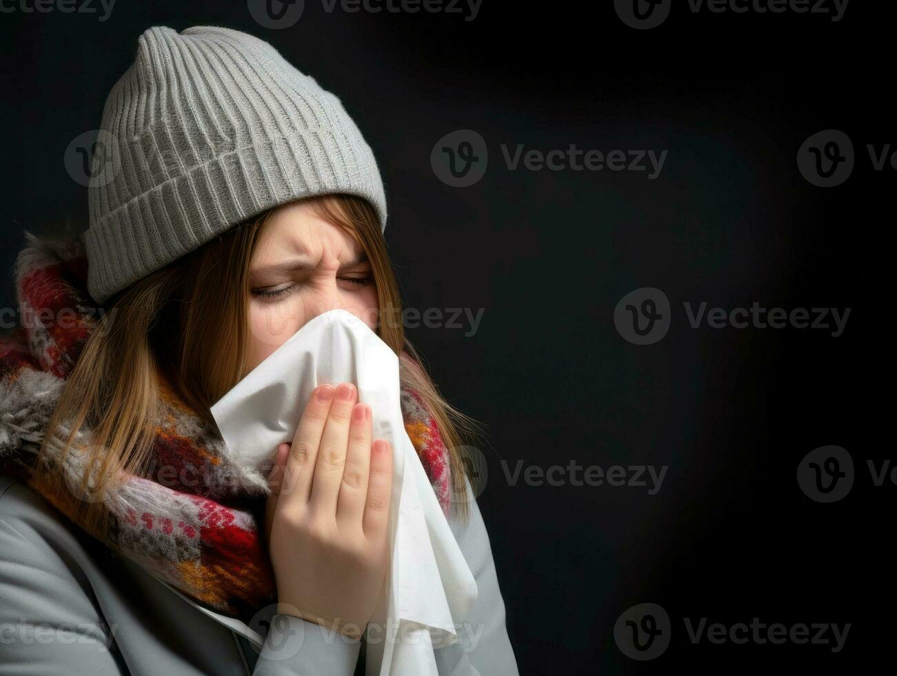 Woman is shown suffering from cold with runny nose on grey background AI Generative photo