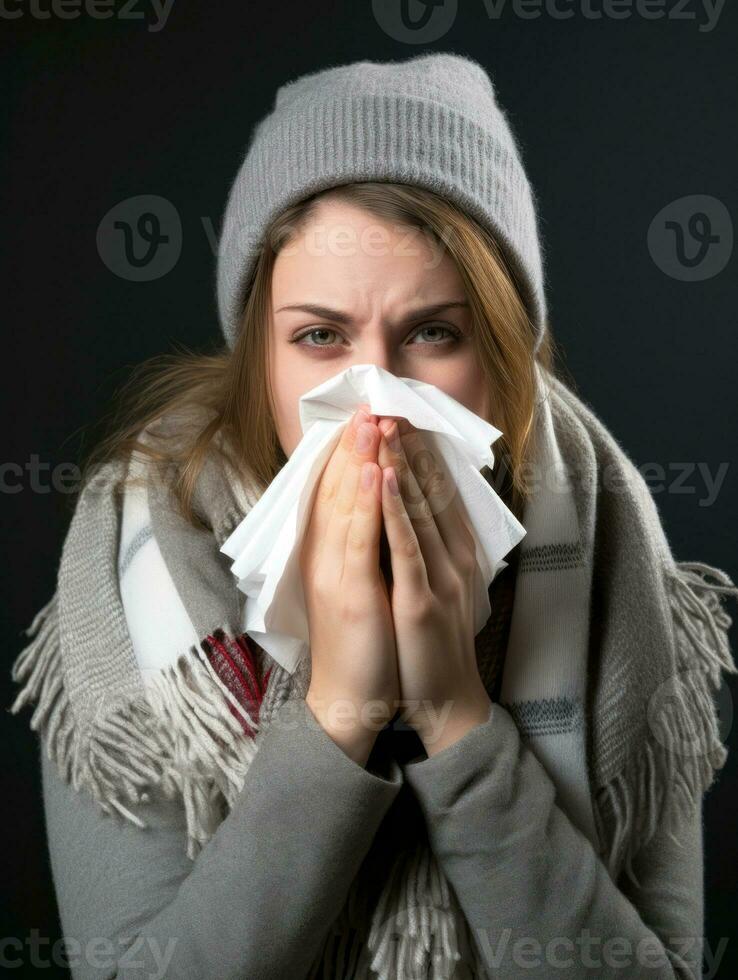 Woman is shown suffering from cold with runny nose on grey background AI Generative photo