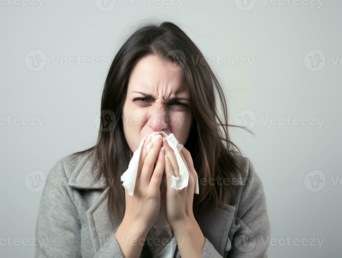 Woman is shown suffering from cold with runny nose on grey background AI Generative photo