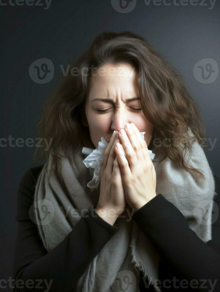 Woman is shown suffering from cold with runny nose on grey background AI Generative photo