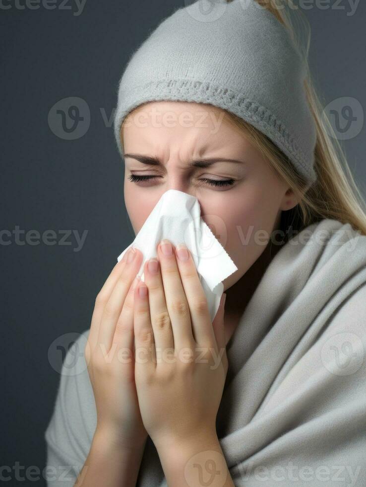 Woman is shown suffering from cold with runny nose on grey background AI Generative photo