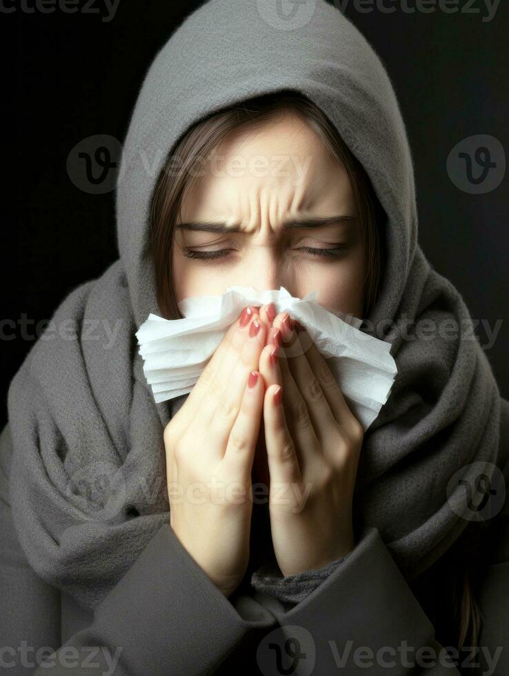 Woman is shown suffering from cold with runny nose on grey background AI Generative photo