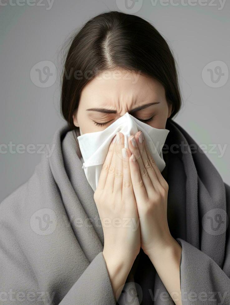 Woman is shown suffering from cold with runny nose on grey background AI Generative photo