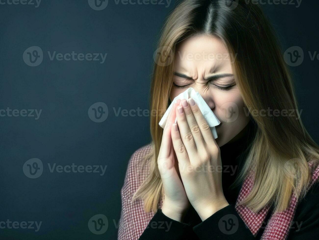 Woman is shown suffering from cold with runny nose on grey background AI Generative photo