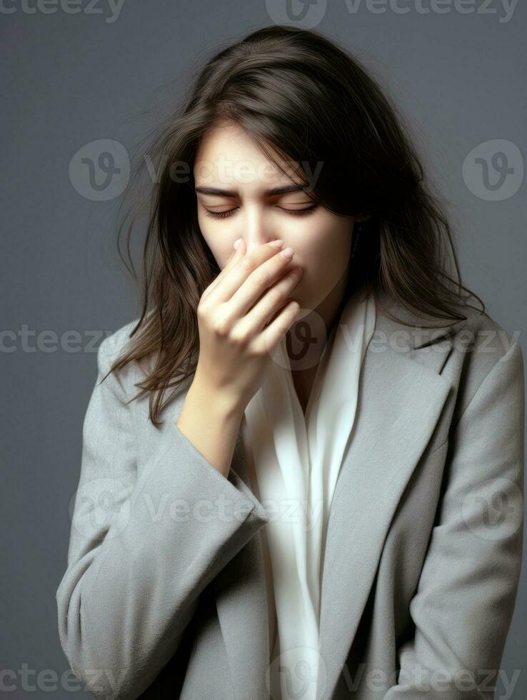 Woman is shown suffering from cold with runny nose on grey background AI Generative photo