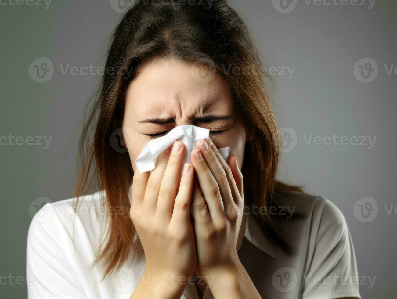 Woman is shown suffering from cold with runny nose on grey background AI Generative photo