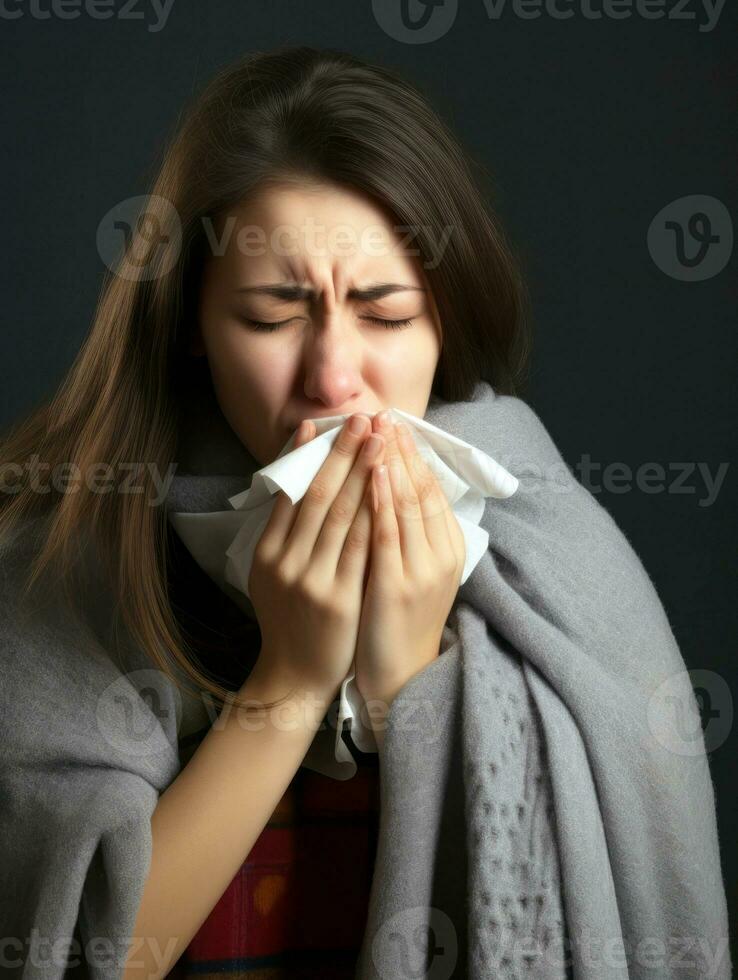 Woman is shown suffering from cold with runny nose on grey background AI Generative photo