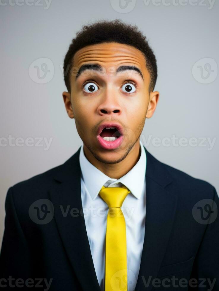 Young man with African features dressed in suit is shocked AI Generative photo