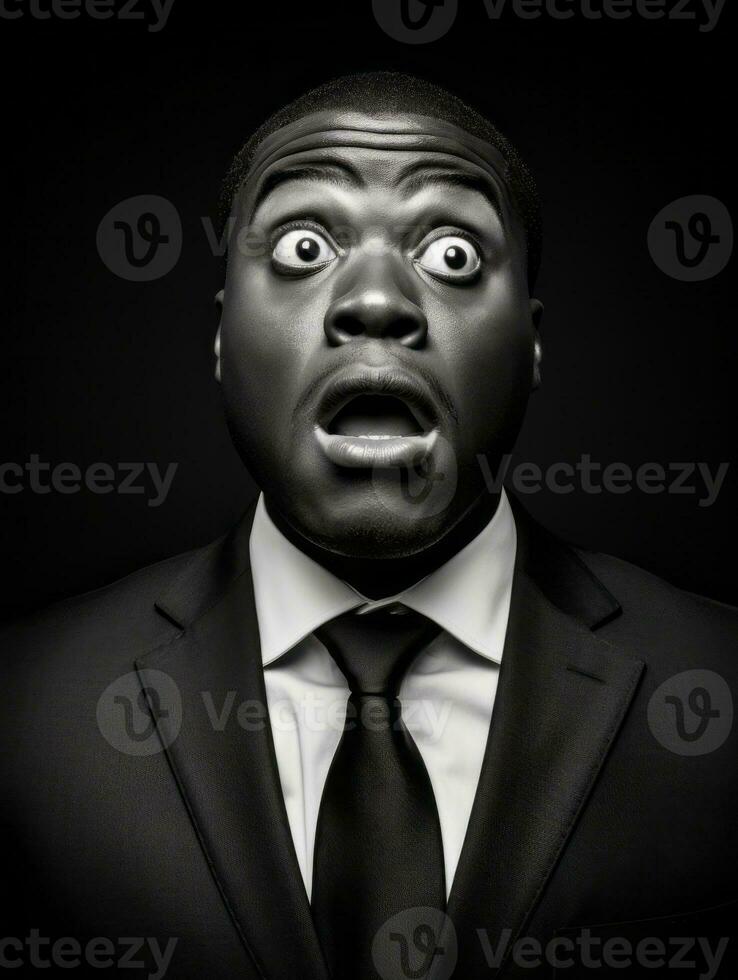 Young man with African features dressed in suit is shocked AI Generative photo