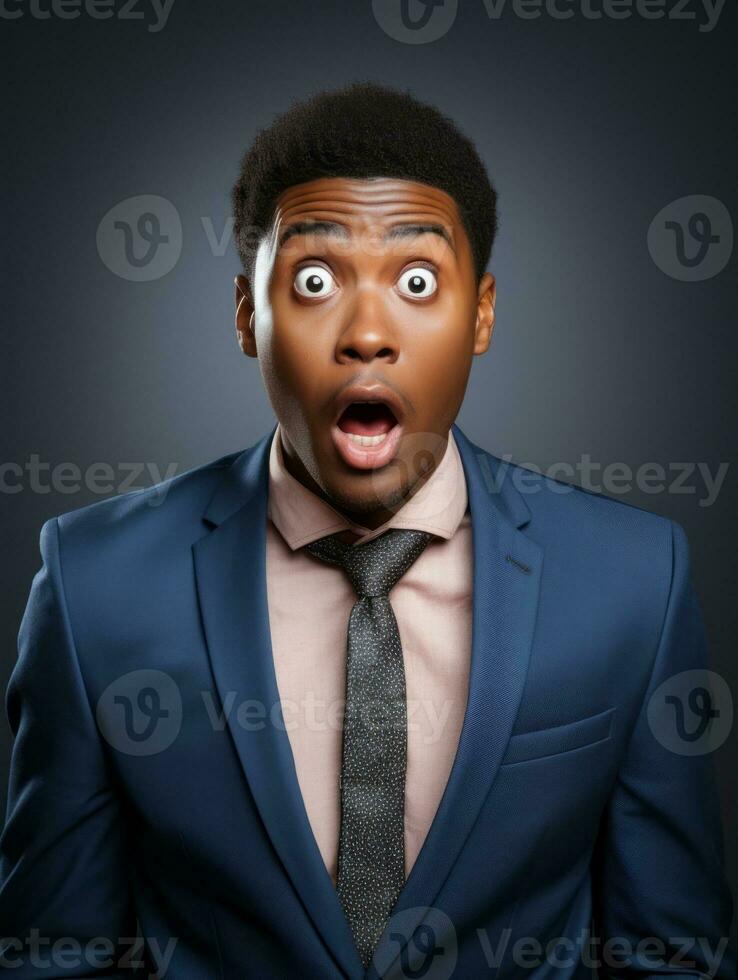 Young man with African features dressed in suit is shocked AI Generative photo