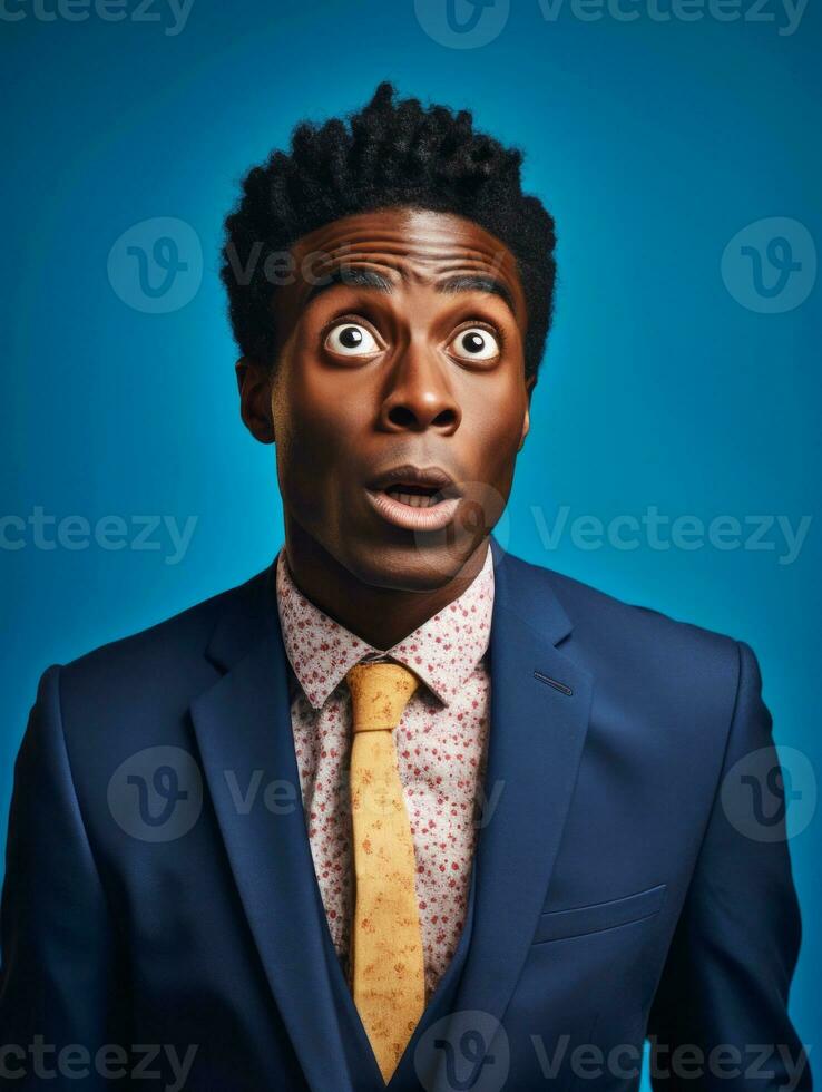 Young man with African features dressed in suit is shocked AI Generative photo