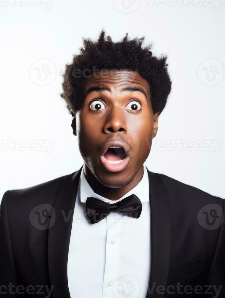 Young man with African features dressed in suit is shocked AI Generative photo