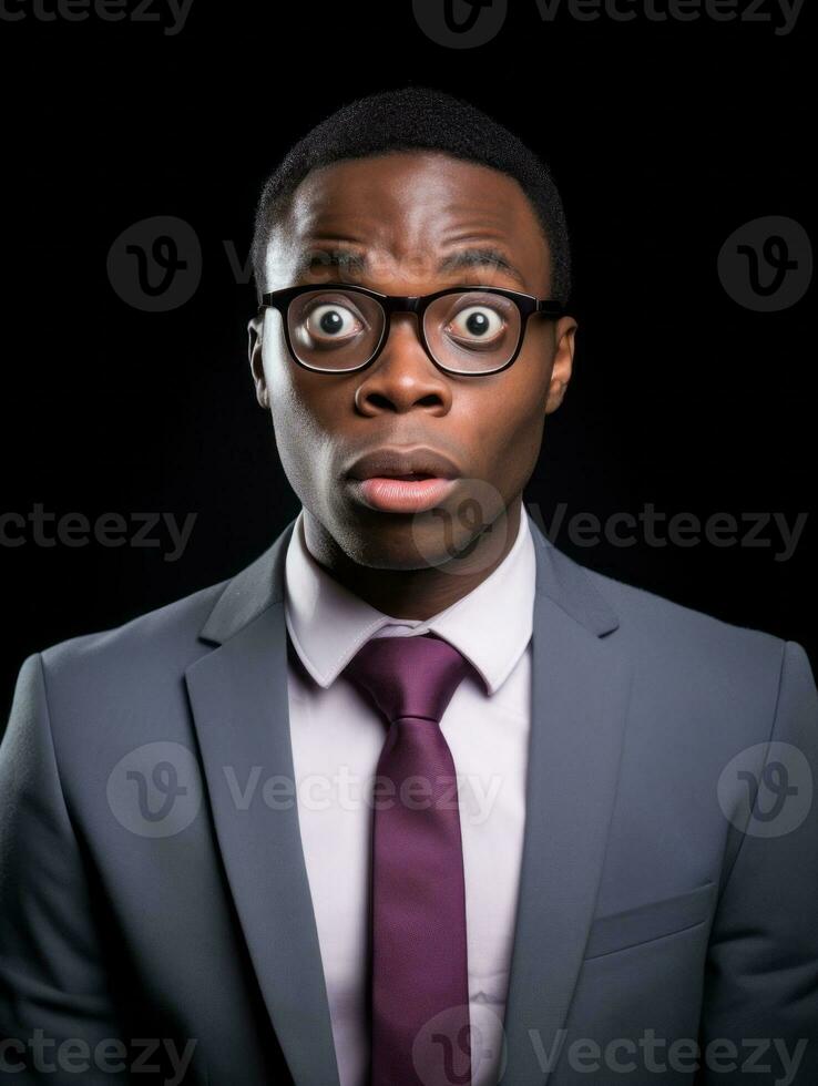 Young man with African features dressed in suit is shocked AI Generative photo