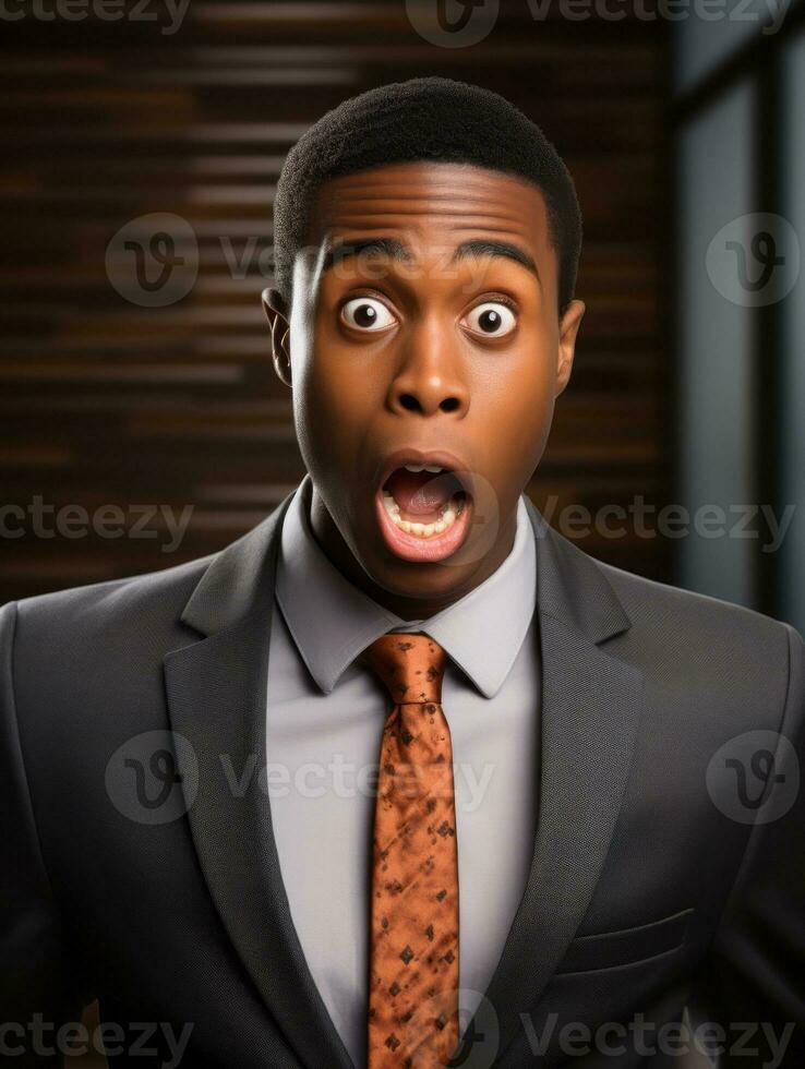 Young man with African features dressed in suit is shocked AI Generative photo