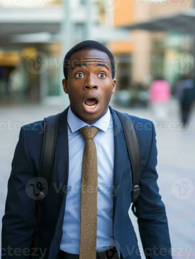 Young man with African features dressed in suit is shocked AI Generative photo