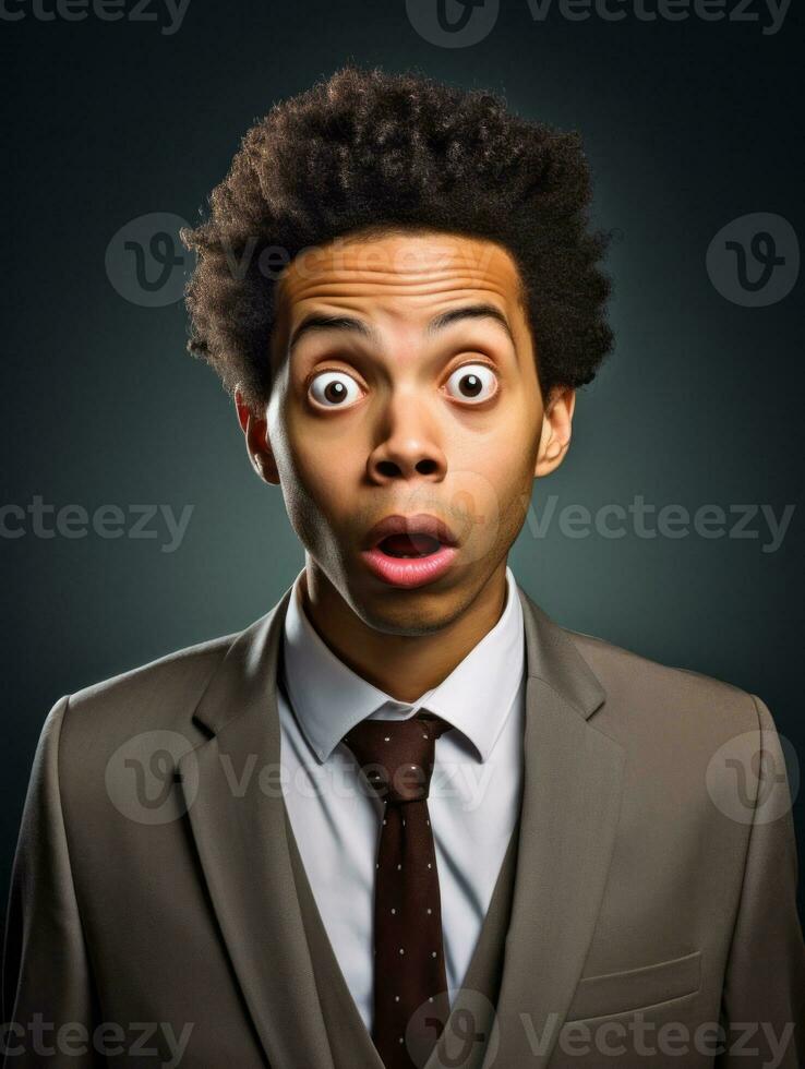 Young man with African features dressed in suit is shocked AI Generative photo